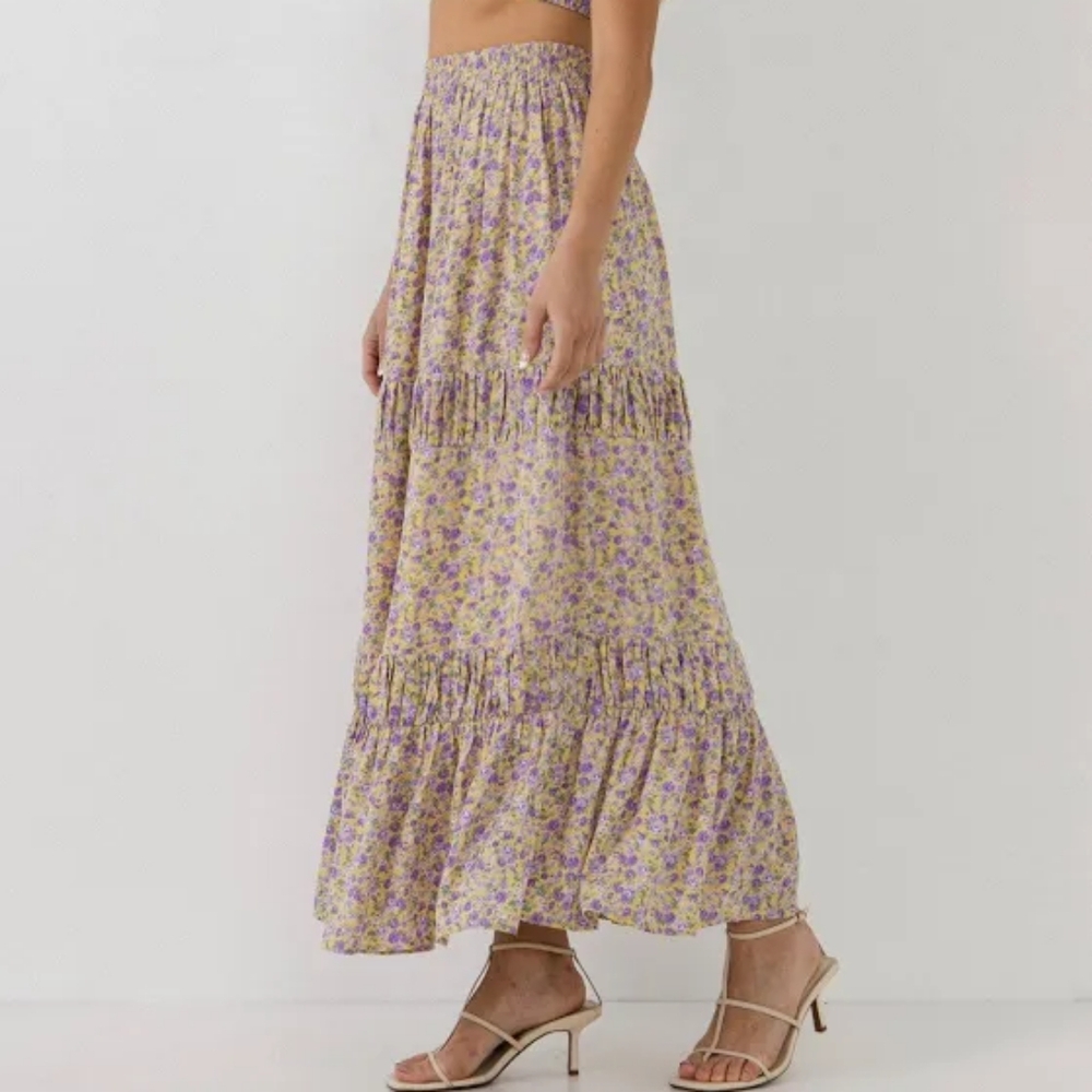 English Factory Floral Maxi Skirt in Purple and Yellow